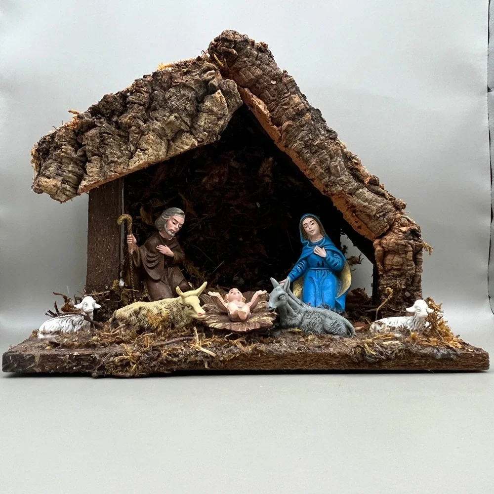Vtg‎ Rustic Italian Nativity Scene Manger Set with 7 Figurines Original Box